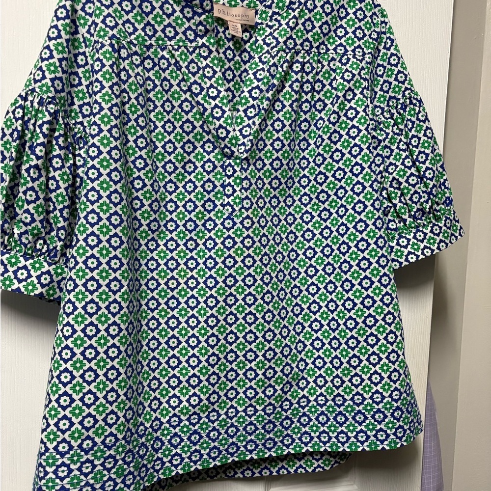 Philosophy Blue and Green Patterned elbow length top. Practically new.